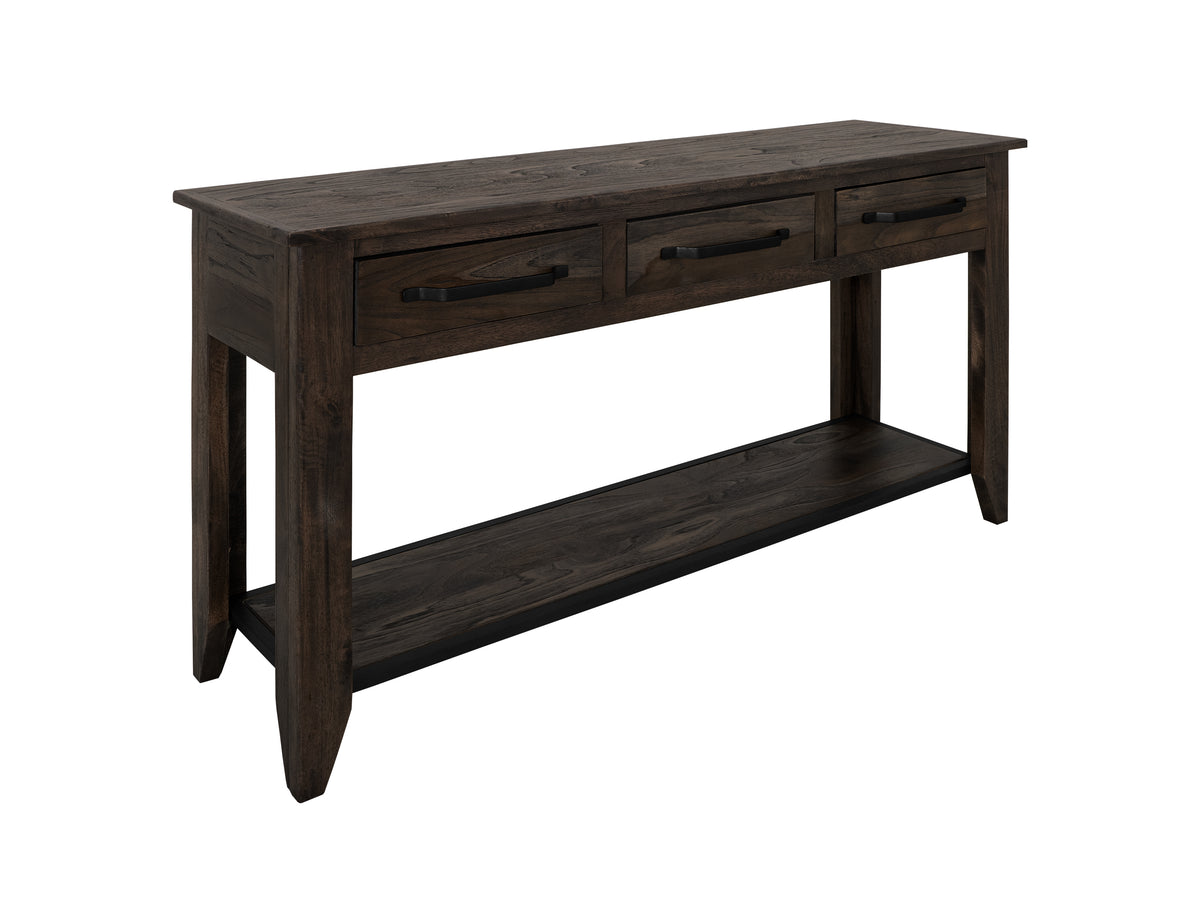 Dark Teak Sofa Table, 3 Drawer, 1 Shelf