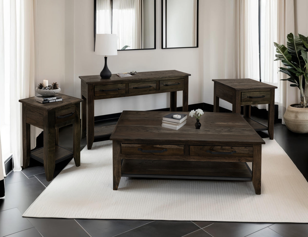Dark Teak Cocktail Table, 4 Drawer, 1 Shelf