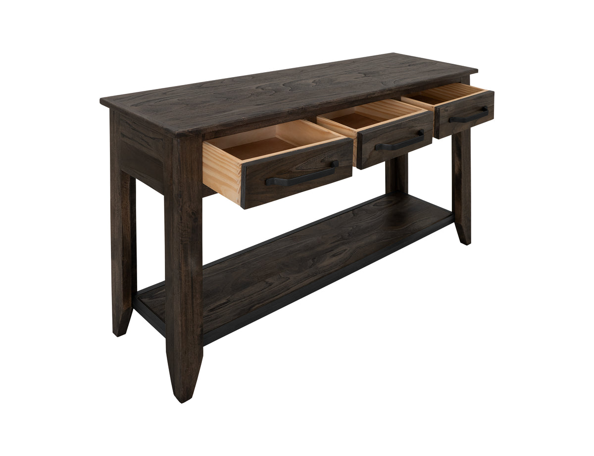 Dark Teak Sofa Table, 3 Drawer, 1 Shelf