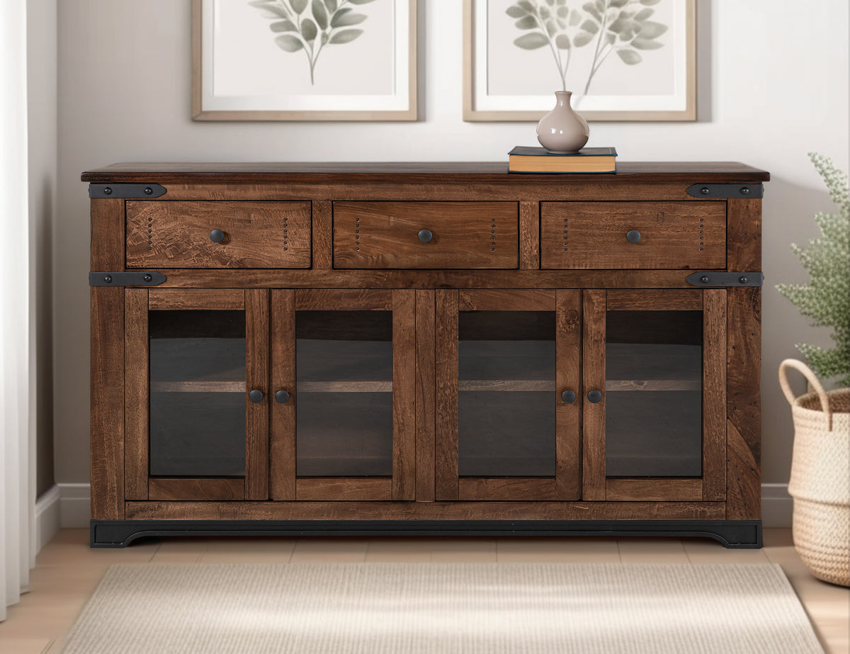 Parota Console, Brown, 3 Drawer 4 Glass Doors 70"