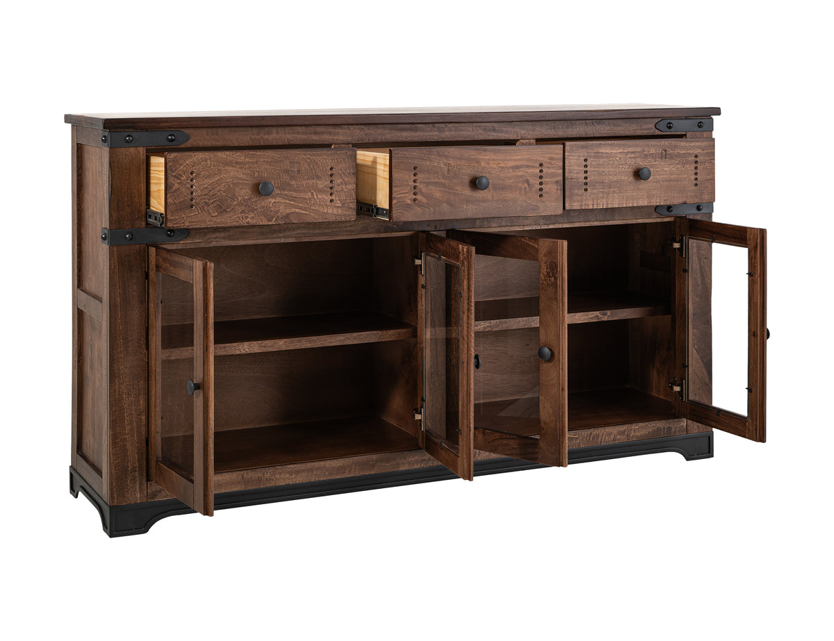 Parota Console, Brown, 3 Drawer 4 Glass Doors 70"