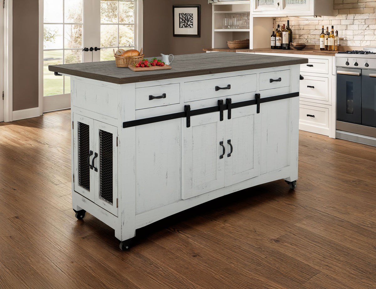 Pueblo White Kitchen Island, White, 3 Drawer 2 Sliding Doors 4 Mesh Doors Wood Island