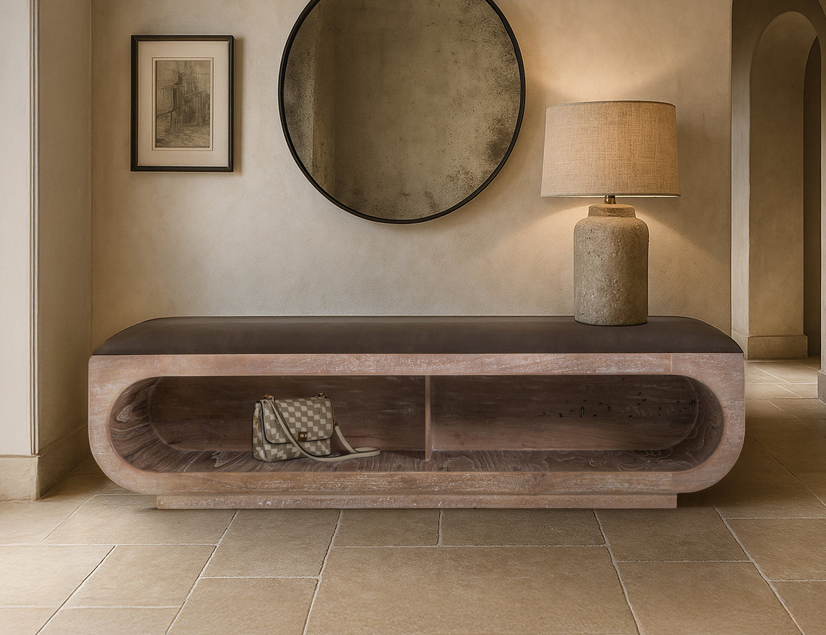 White Balam Bench, White, Wooden bench with a cushioned seat and open storage underneath