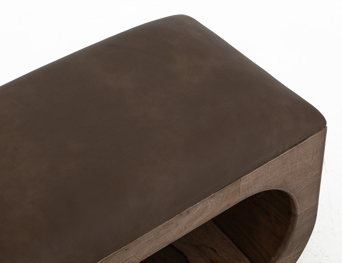 Balam Bench, Brown, Wooden bench with a cushioned seat and open storage underneath