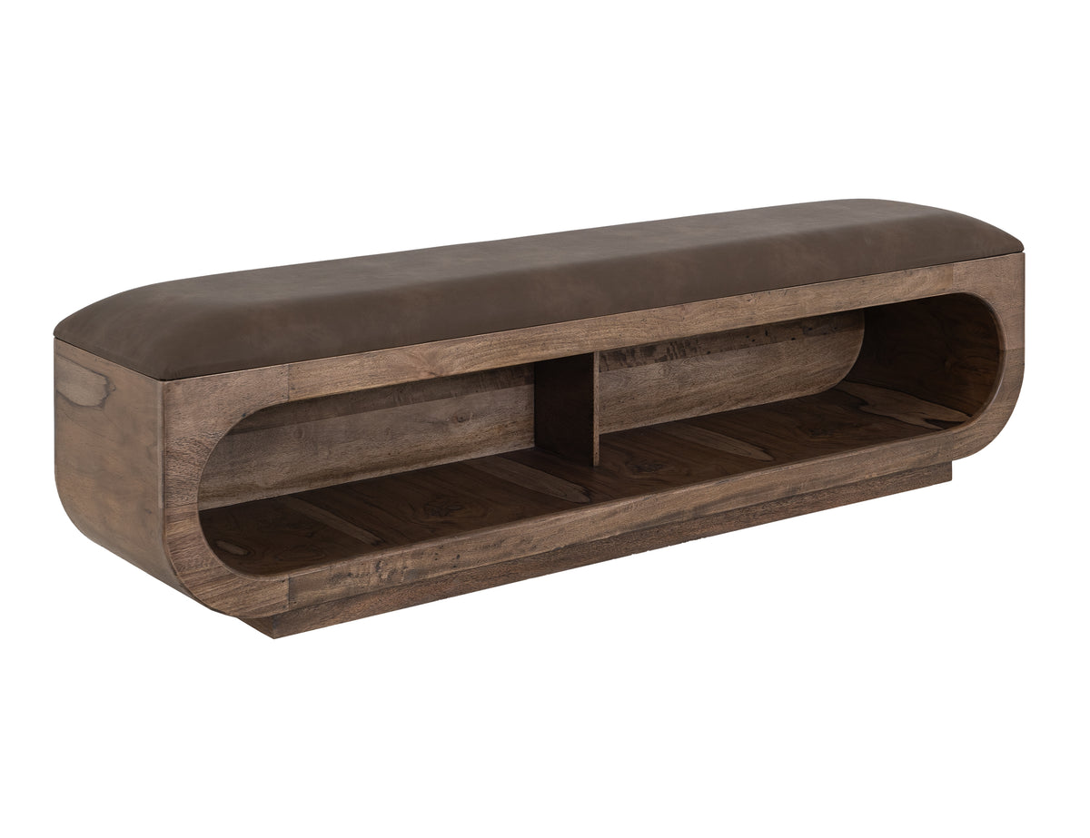 Balam Bench, Brown, Wooden bench with a cushioned seat and open storage underneath