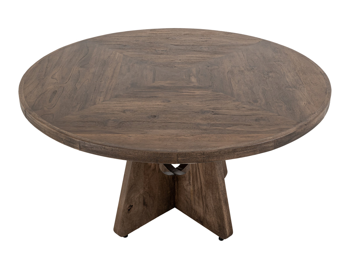 Natural Teca Round Table, Brown, Cross Table Base