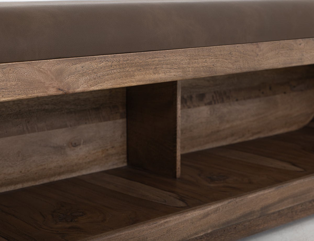 Balam Bench, Brown, Wooden bench with a cushioned seat and open storage underneath
