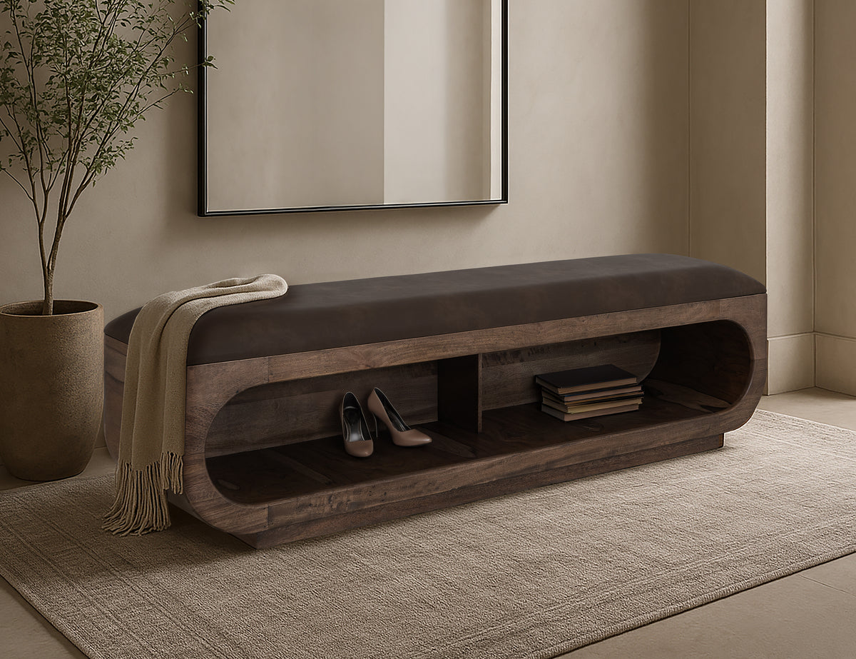 Balam Bench, Brown, Wooden bench with a cushioned seat and open storage underneath