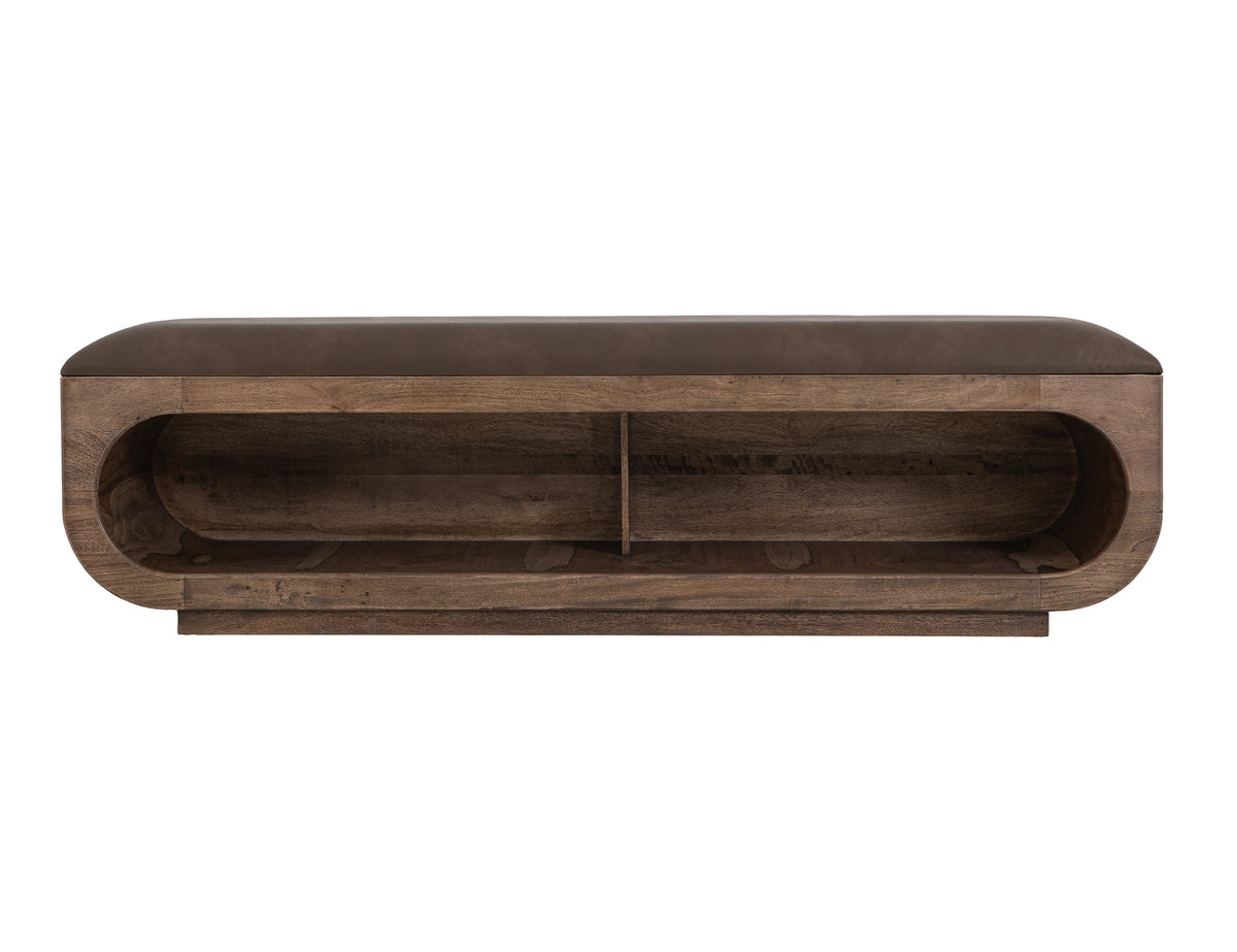 Balam Bench, Brown, Wooden bench with a cushioned seat and open storage underneath