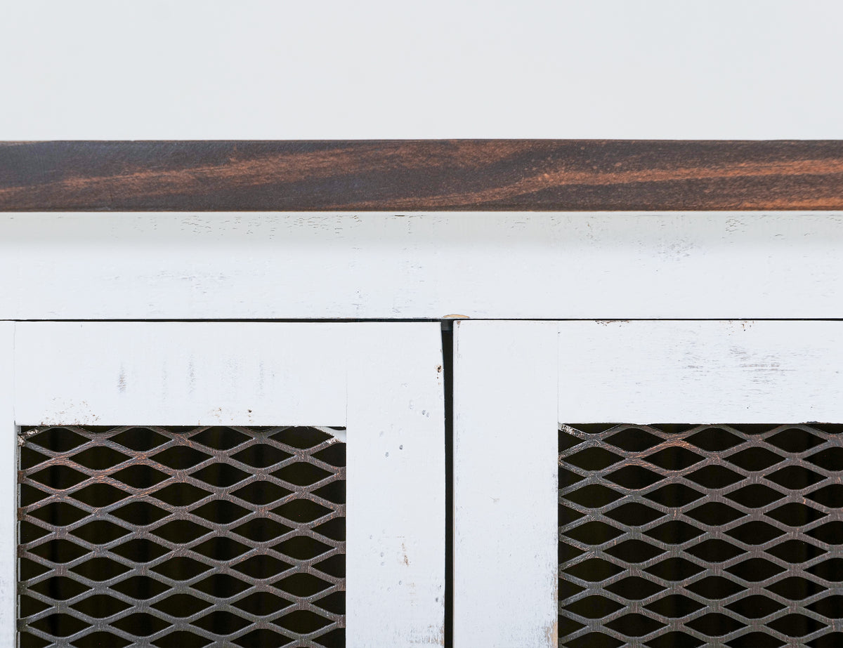 Pueblo White End Table, White, 2 Metal Mesh Doors