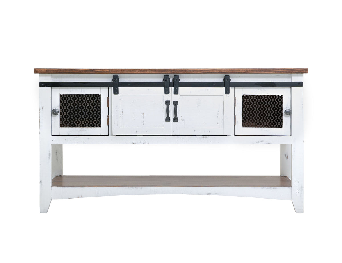Pueblo White Sofa Table, White, 2 Sliding Doors 2 Metal Mesh Doors