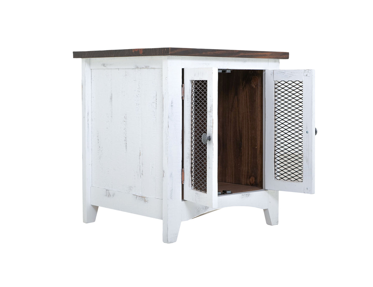 Pueblo White End Table, White, 2 Metal Mesh Doors