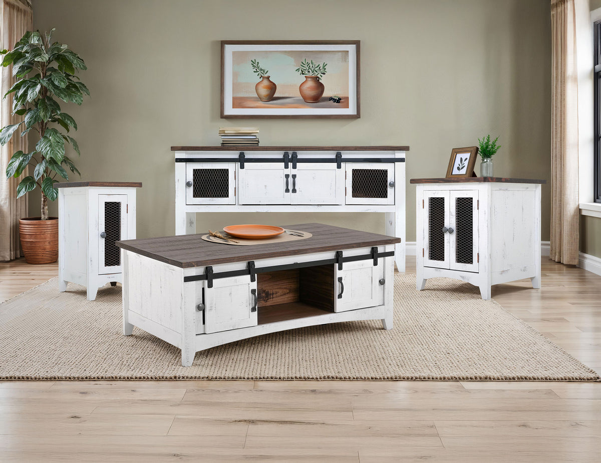 Pueblo White End Table, White, 2 Metal Mesh Doors