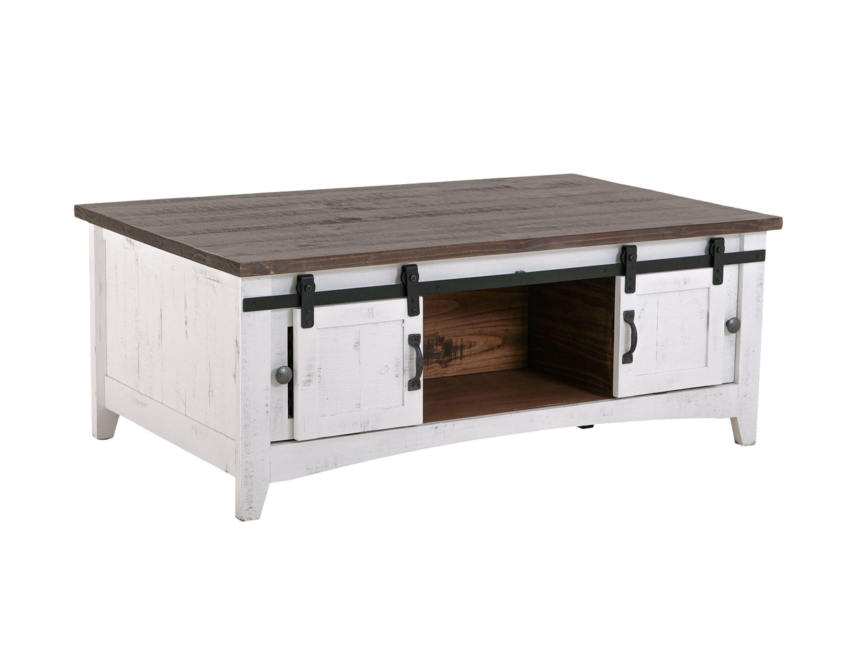 Pueblo White Cocktail Table, White, 2 Sliding Doors 2 Metal Mesh Doors