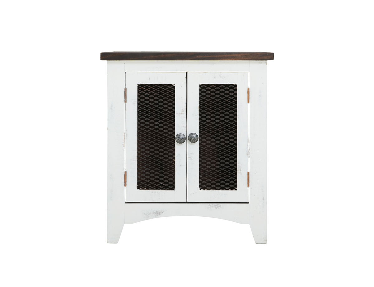 Pueblo White End Table, White, 2 Metal Mesh Doors