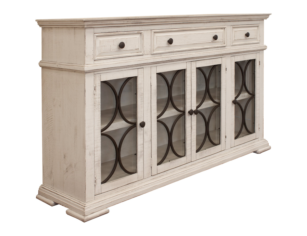 Bonanza Ivory Console, 4 Glass Doors 3 Drawers