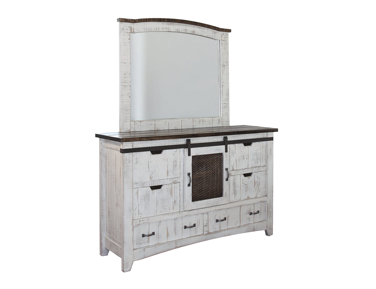 Pueblo White Dresser, White, 6 Drawer 1 Mesh Door