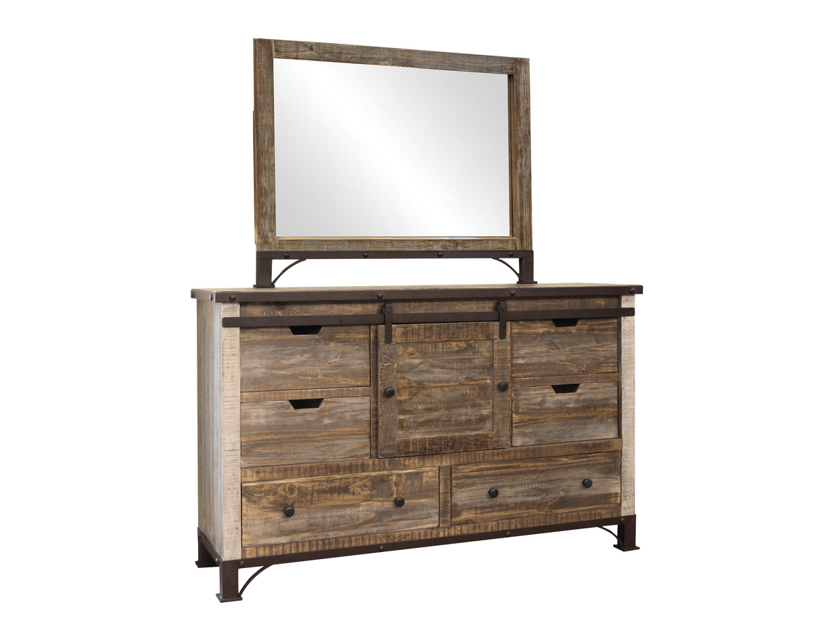 Antique Multicolor Dresser, Brown, 6 Drawer, 1 Sliding Door