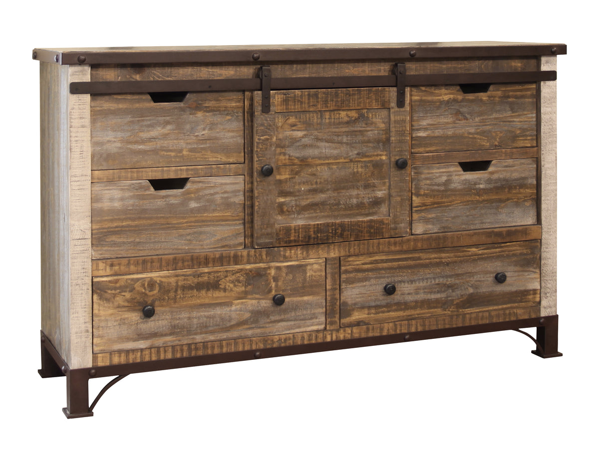 Antique Multicolor Dresser, Brown, 6 Drawer, 1 Sliding Door