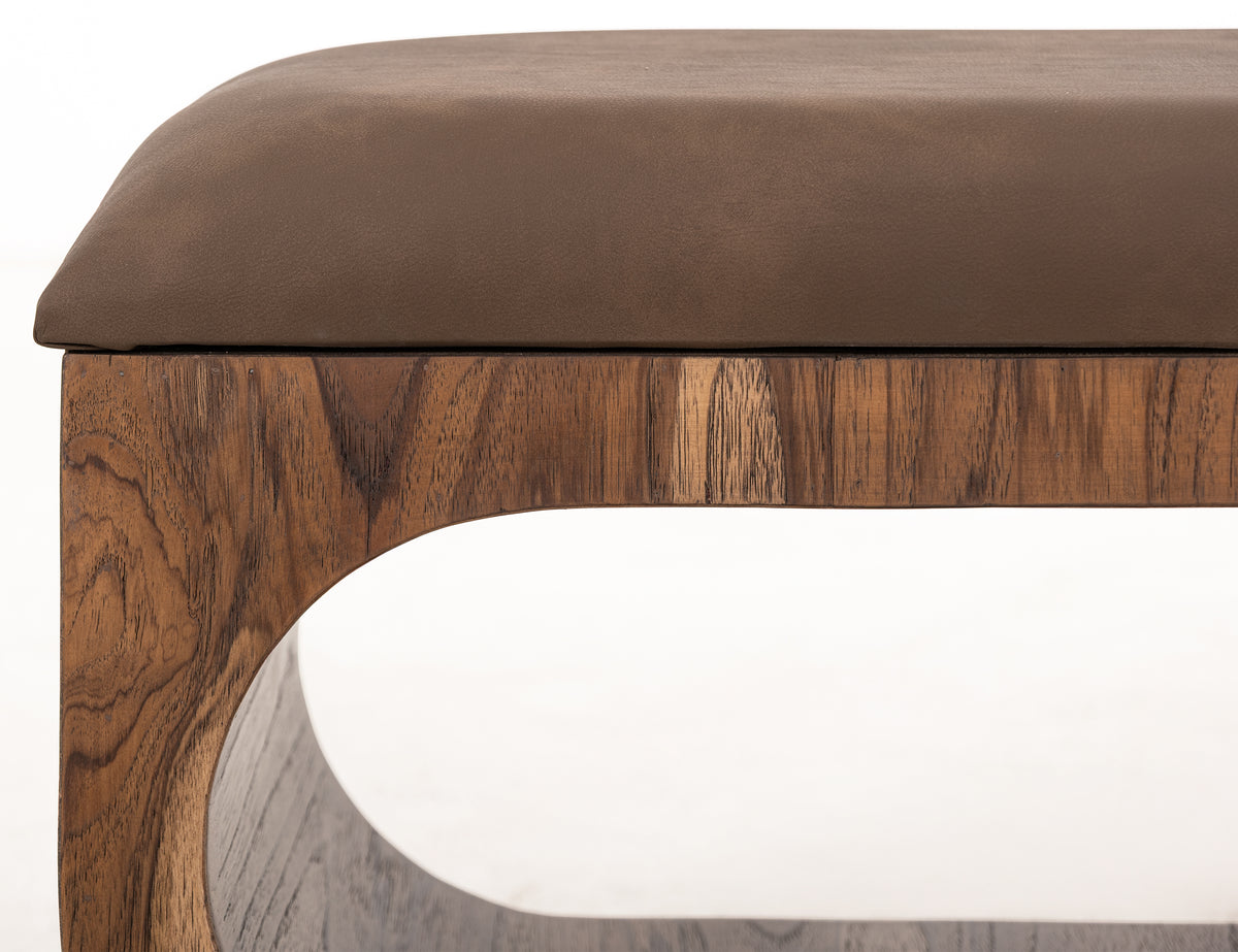 Balam Bench, Brown, Upholstered Seat Bench with Two Open Shelves