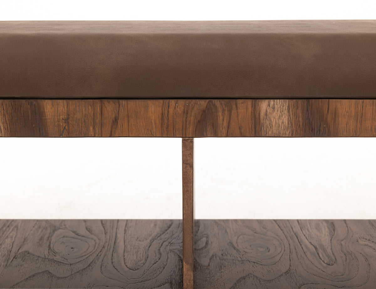 Balam Bench, Brown, Upholstered Seat Bench with Two Open Shelves