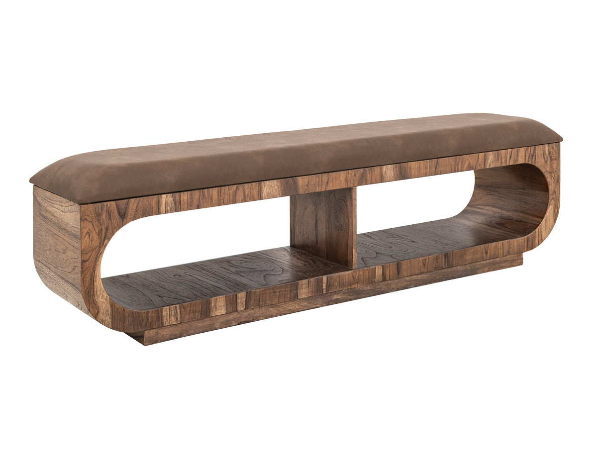 Balam Bench, Brown, Upholstered Seat Bench with Two Open Shelves