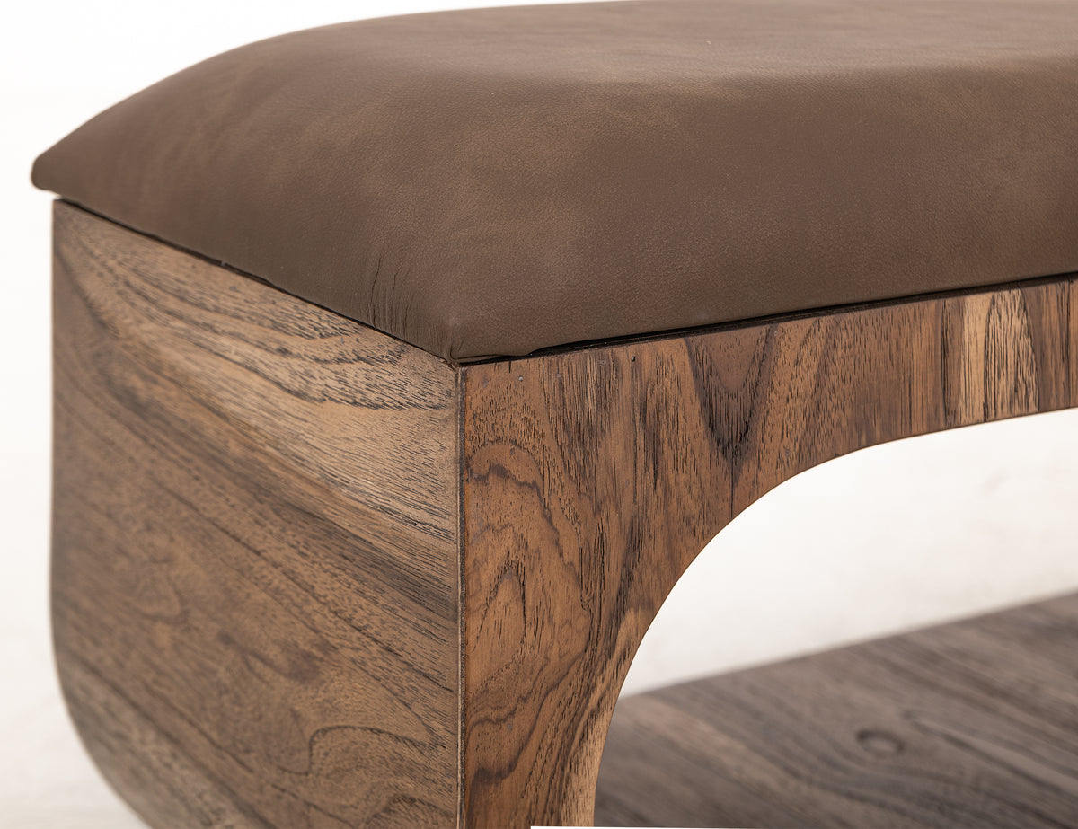 Balam Bench, Brown, Upholstered Seat Bench with Two Open Shelves