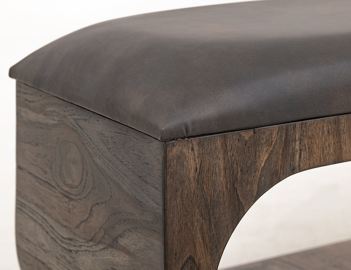 Black Balam Bench, Black, Upholstered Seat Bench with Two Open Shelves