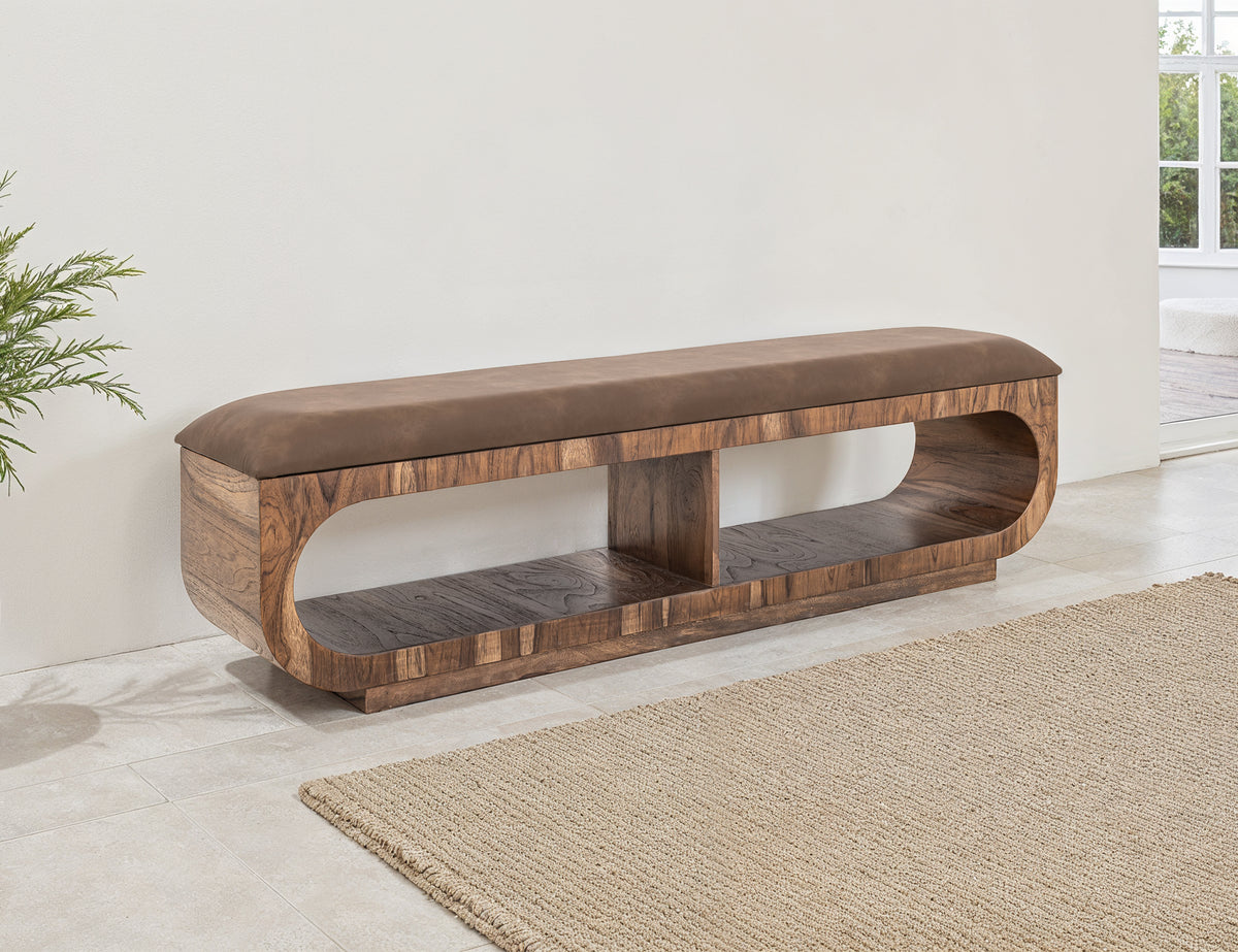 Balam Bench, Brown, Upholstered Seat Bench with Two Open Shelves