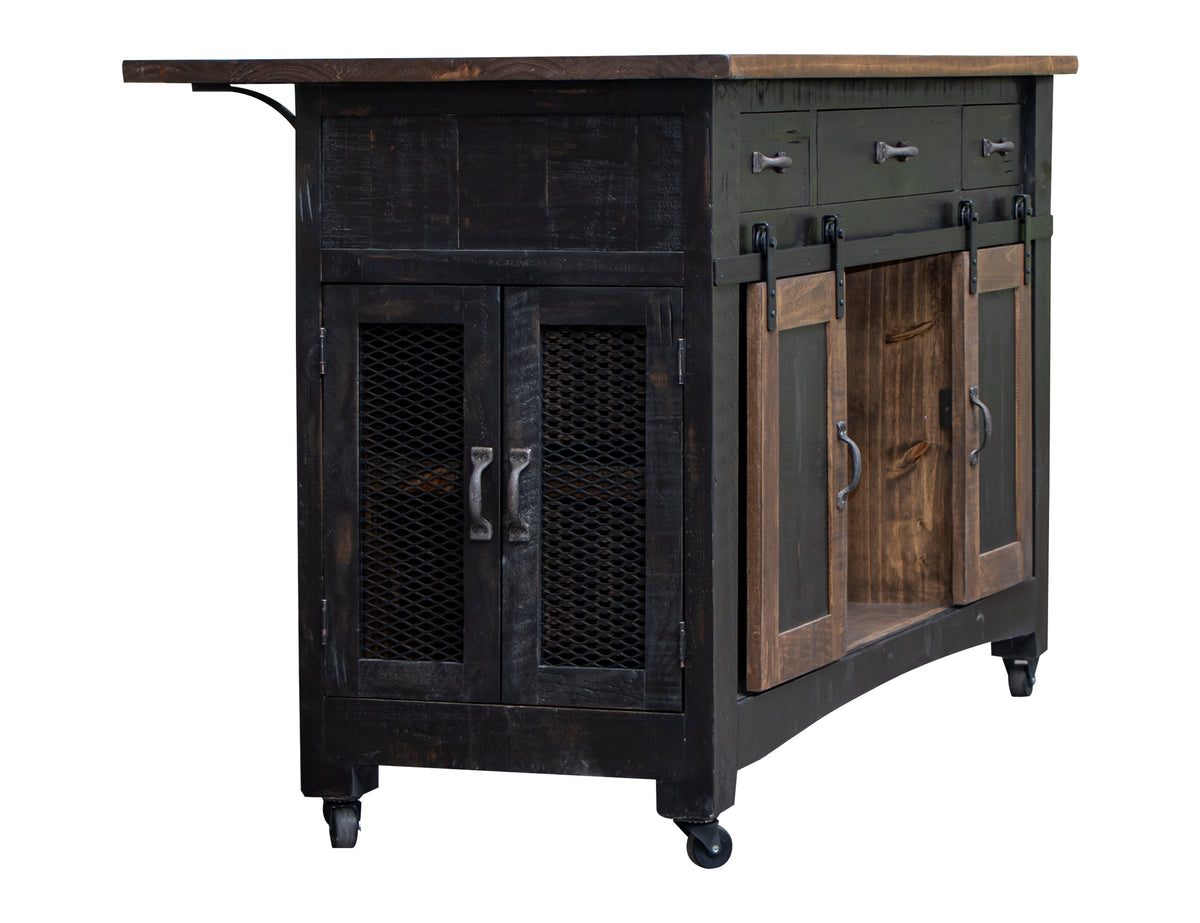 Pueblo Kitchen Island, Black, 3 Drawer, 2 Sliding Doors, 4 Mesh Doors Wood Island