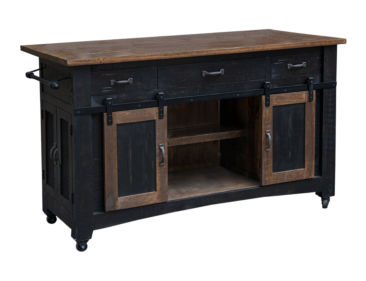 Pueblo Kitchen Island, Black, 3 Drawer, 2 Sliding Doors, 4 Mesh Doors Wood Island