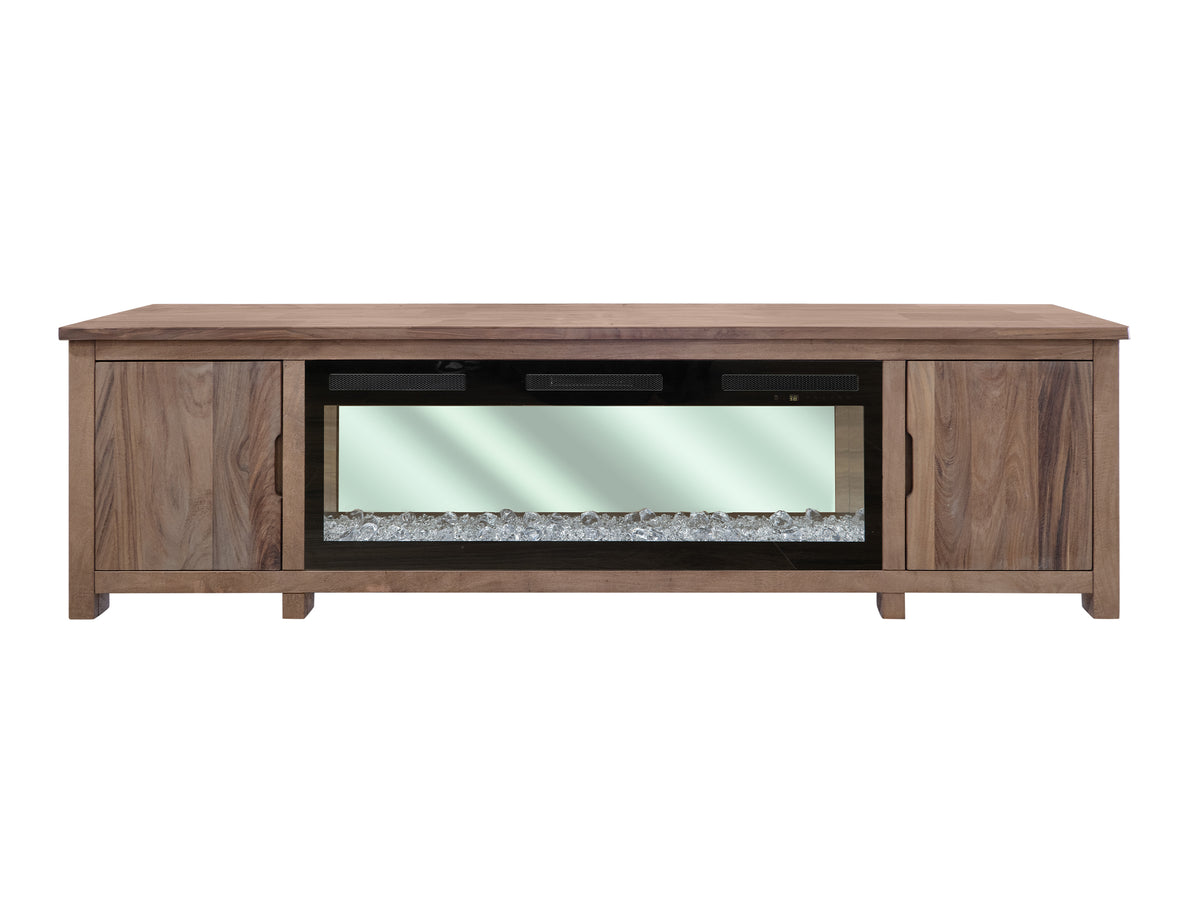 Natural Parota TV Stand, Brown, 2 Door Fireplace