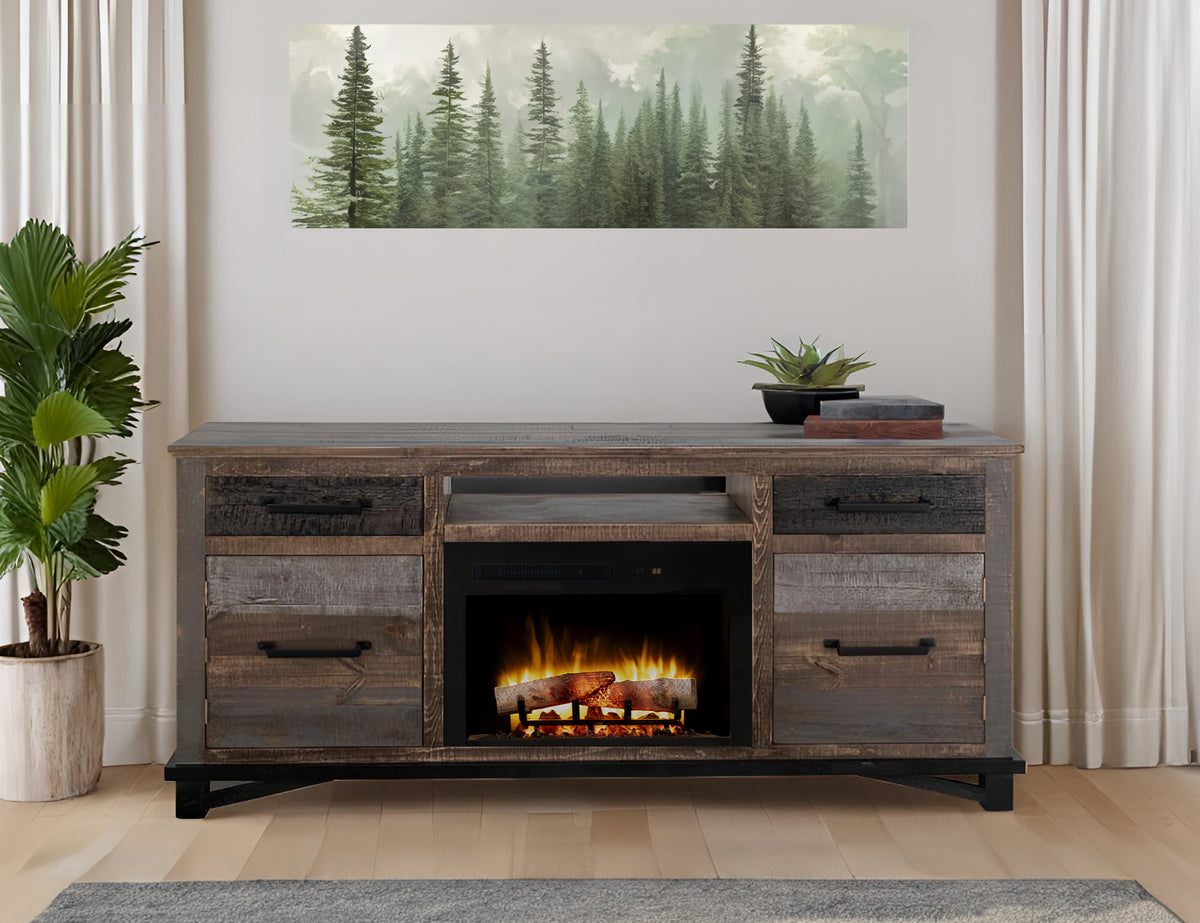 Loft Brown Console, Multicolor, 2 Drawer 2 Door Fireplace TV Stand 70"