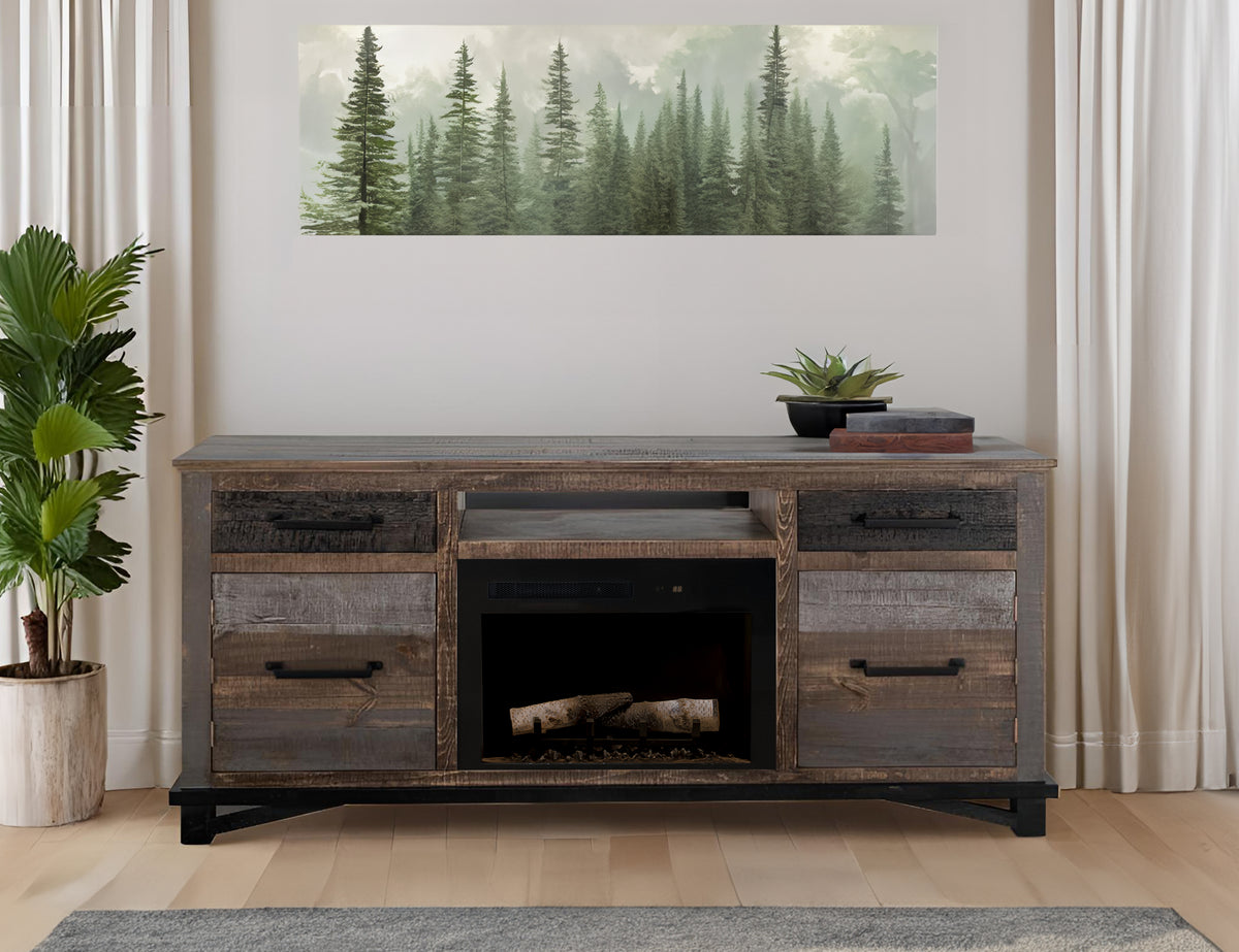 Loft Brown Console, Multicolor, 2 Drawer 2 Door Fireplace TV Stand 70"