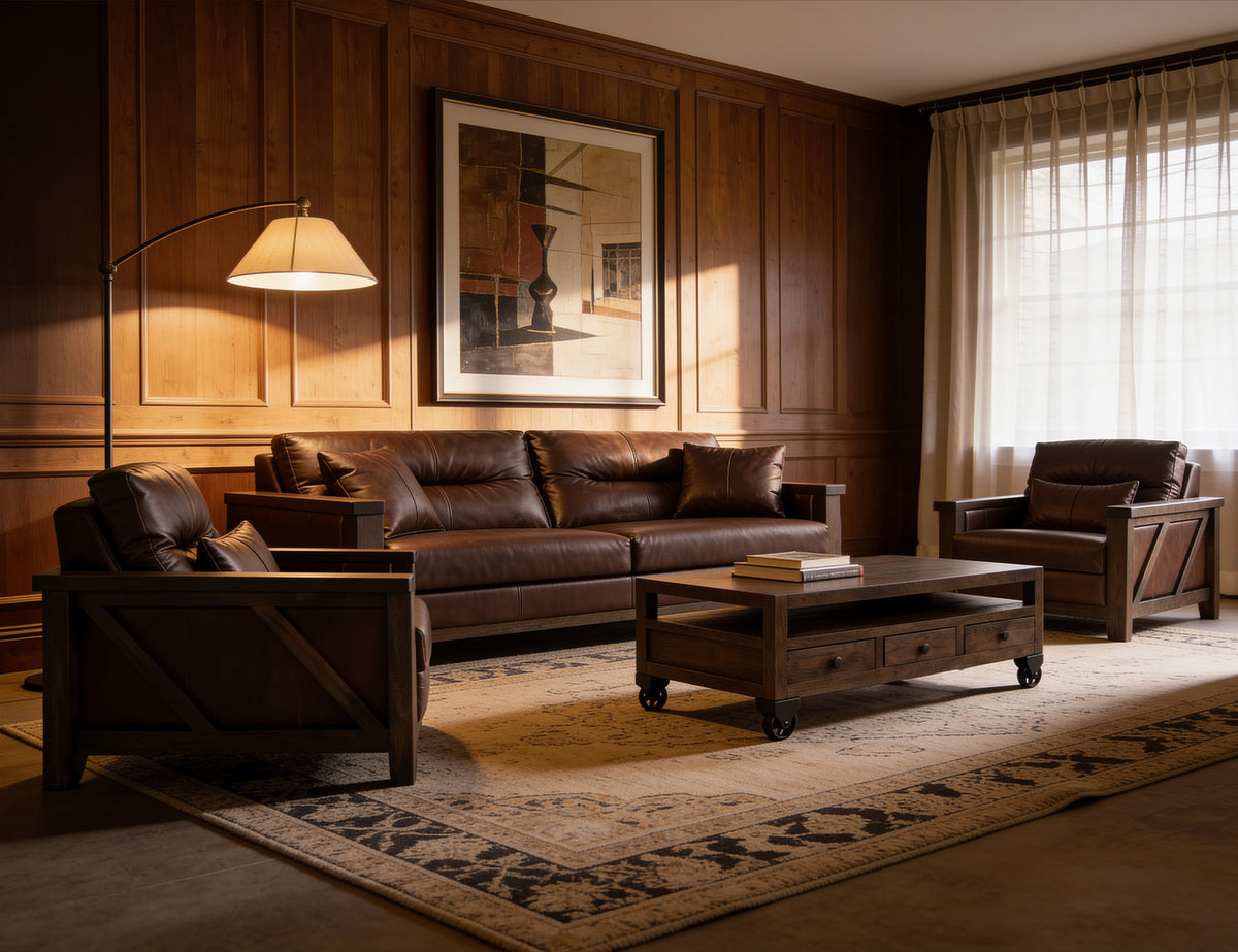 Walnut Sofa, Brown, Wooden Frame, Upholstered - Leather/Mango & Leather