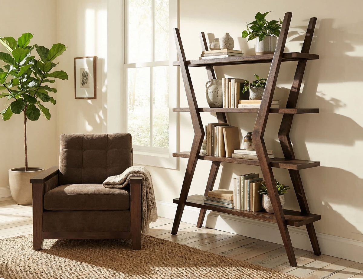 Moka Bookcase, Brown, 4 Shelves, X-Shaped Étagère