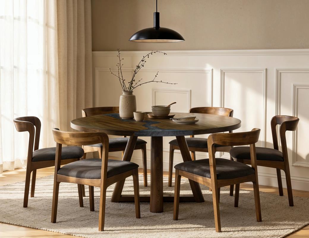 Silver, Round Dining Table with Resin River