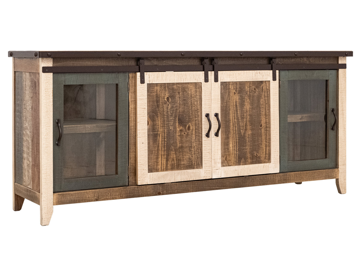 Antique Multicolor TV Stand, Multicolor, 2 Glass Doors 2 Sliding Doors 80"