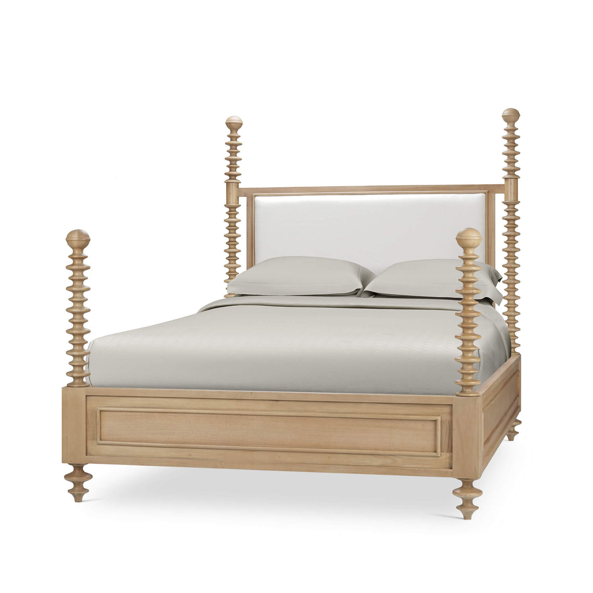 Milano Upholstered Queen Bed in Fruitwood w/ Arctic White Performance Fabric (* adjustable posters)
