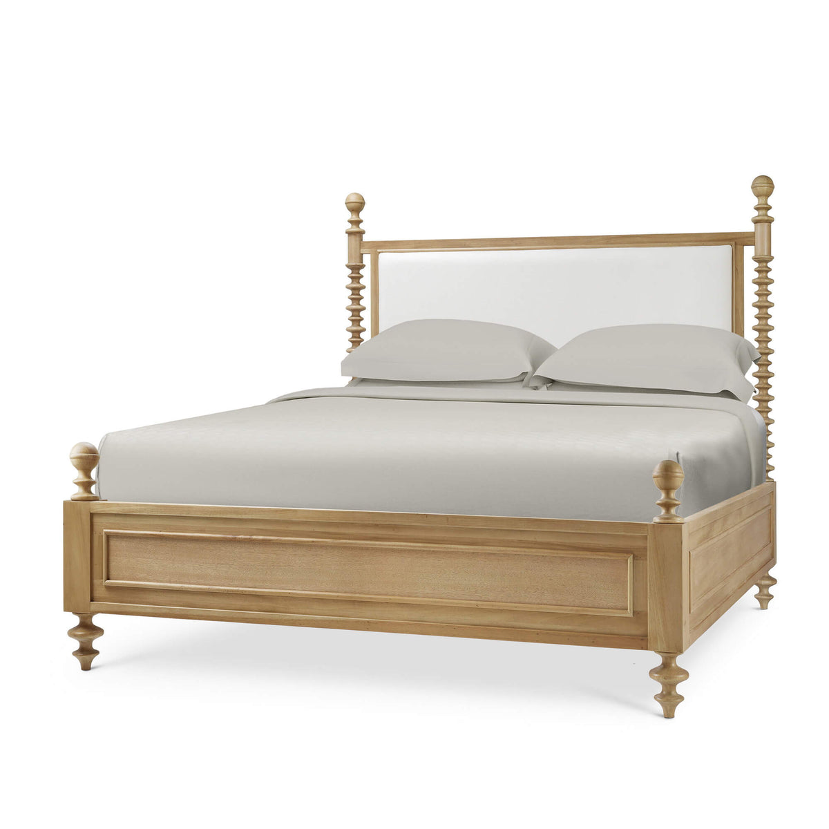 Milano Upholstered Queen Bed in Fruitwood w/ Arctic White Performance Fabric (* adjustable posters)