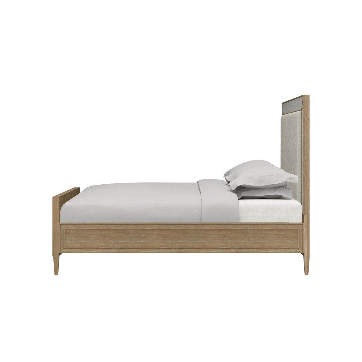 Belgravia Upholstered Queen Bed in Sandbar. Upholstered in Dinara Natural Fabric w/ White Rattan.