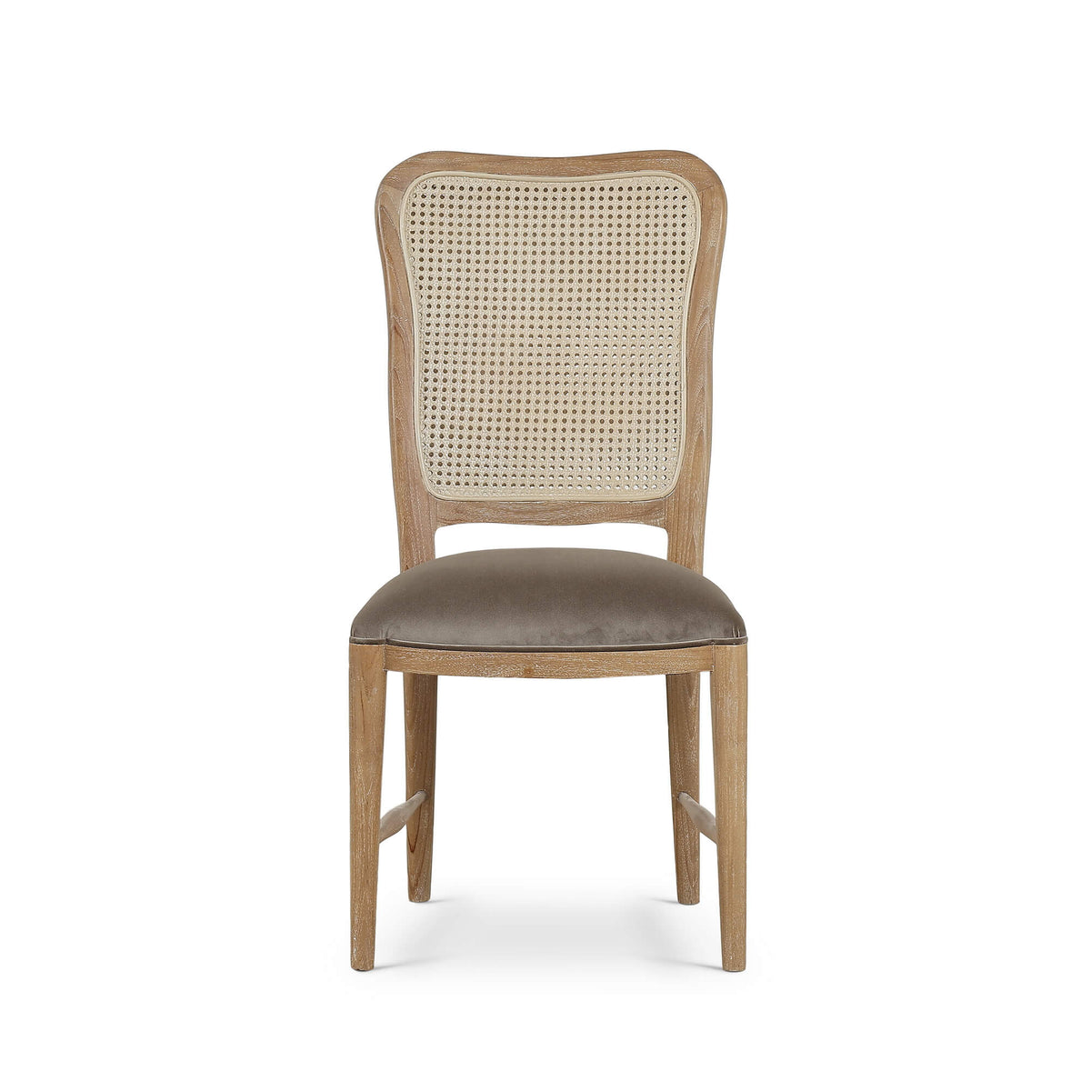 Laurna Teak Dining Chair in Teak White Wash w/ Seat in Espresso Brown Velvet Fabric & Sandbar Rattan Back