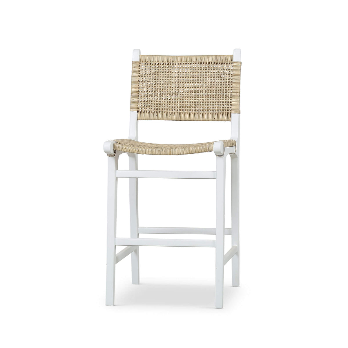Logan Teak Counter Stool in True White Finish w/ Rattan Natural Seat & Back