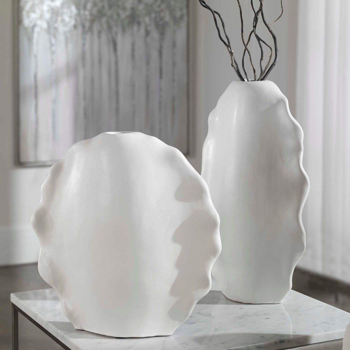 Ruffled Feathers Modern White Vases Set/2