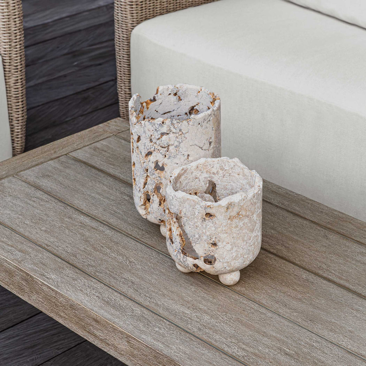 Indoor-Outdoor Quarried Stone Candleholders, S/2