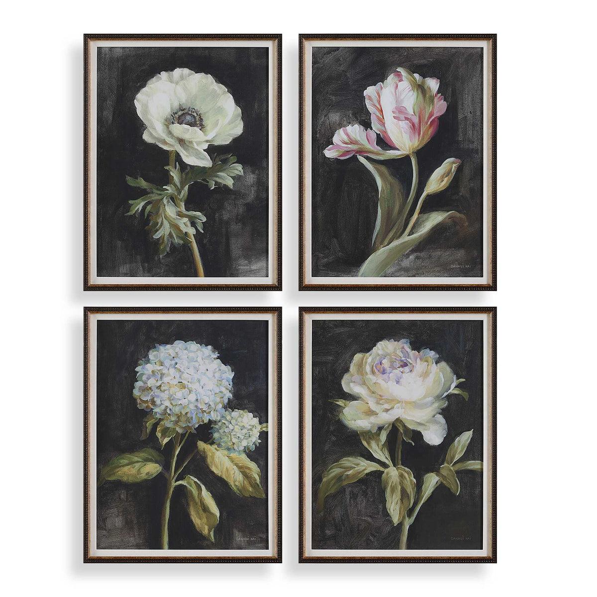Florals On Black Framed Prints Set/4