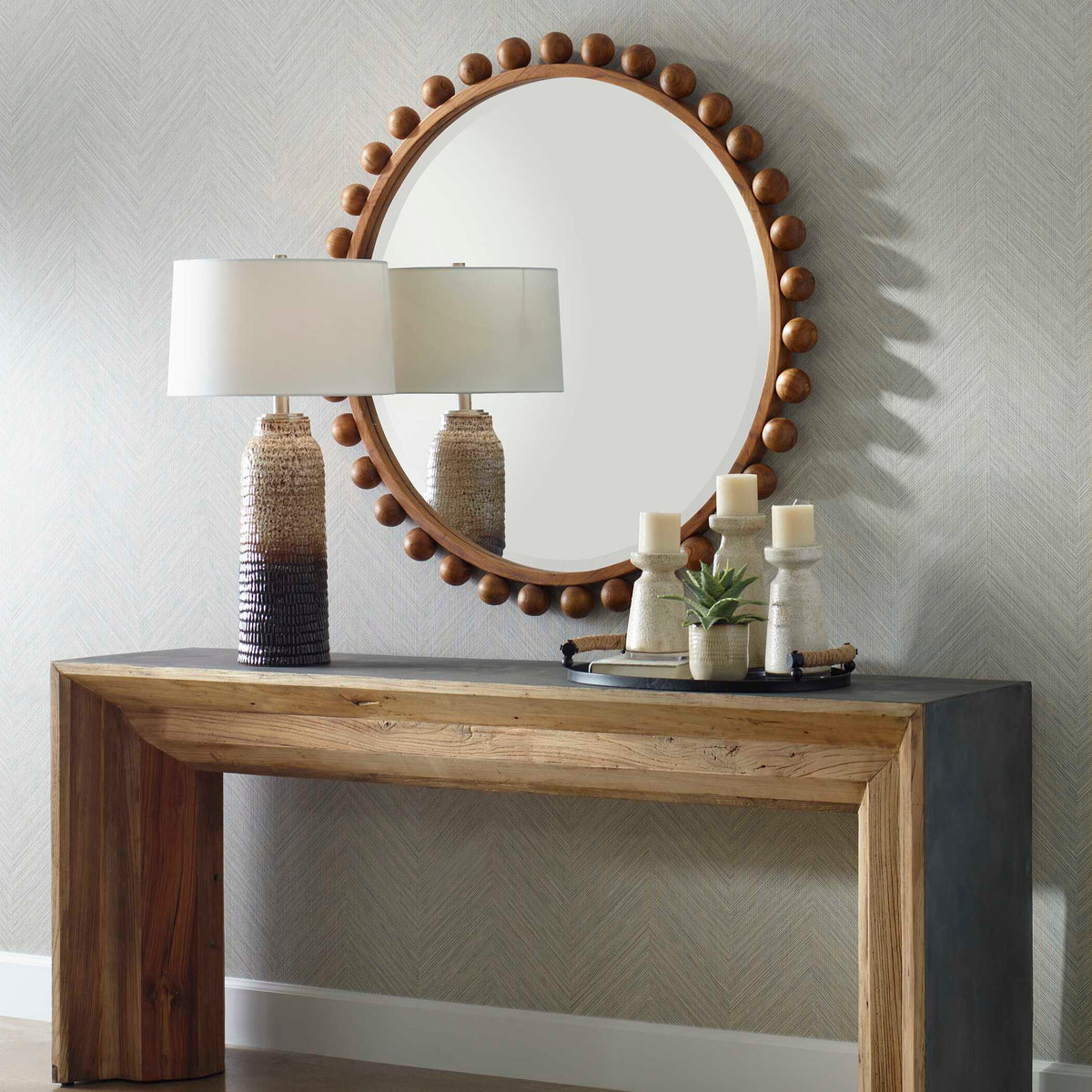 Cyra Wood Beaded Round Mirror