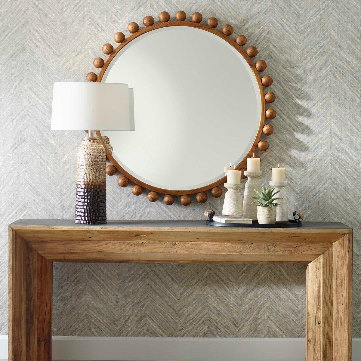 Cyra Wood Beaded Round Mirror