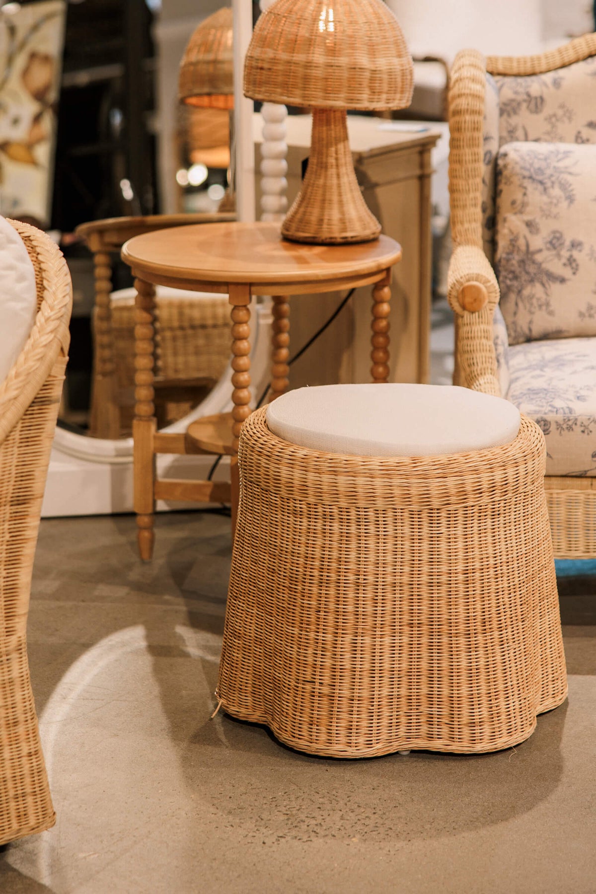 Newport in Rattan Natural Round Small Ottoman w/ w/ Arctic White Performance Fabric