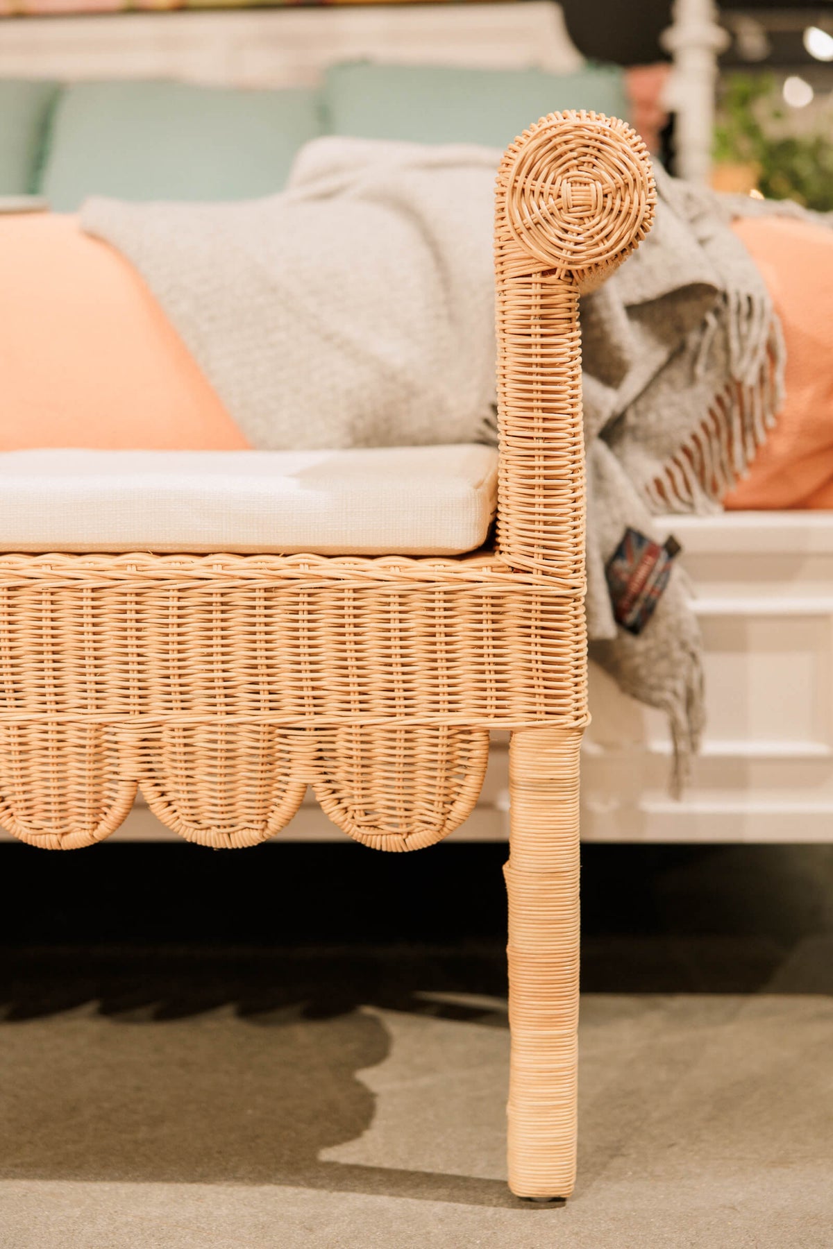 Newport Scalloped Bench in Rattan Natural w/ Arctic White Performance Fabric